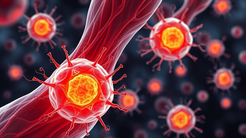 An illustration of muscle stem cells regenerating muscle tissue, with a subtle background of aging cells losing their regenerative power