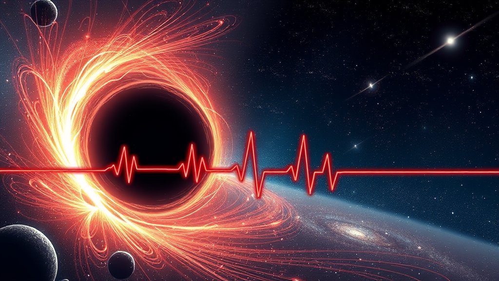 An illustration of a black hole with pulsing heartbeats, surrounded by stars and galaxies in the background.