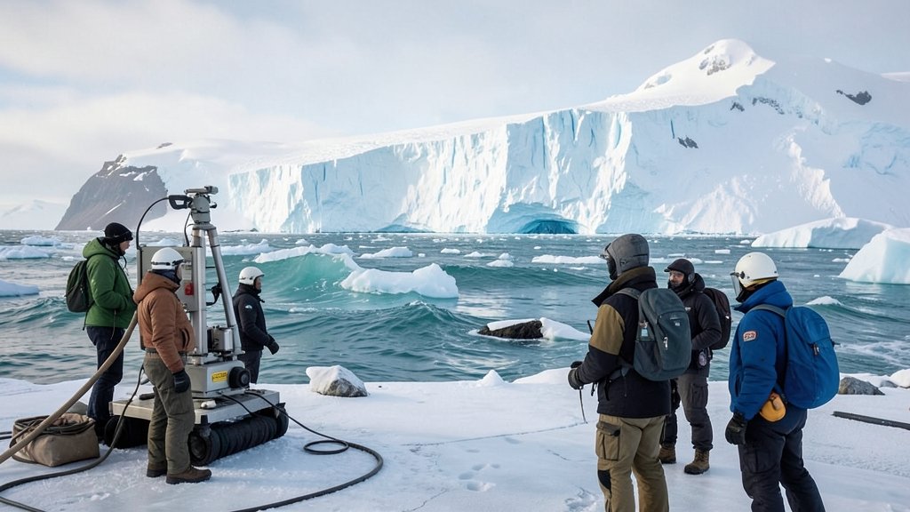 A team of scientists in Antarctica, with drilling equipment, near the Doomsday Glacier, with a subtle background of melting ice and ocean waves.