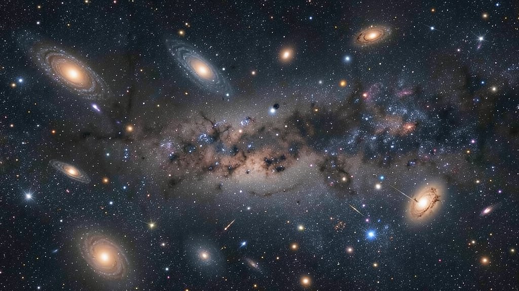 An artistic representation of a massive protocluster in the early universe, with galaxies and stars forming in a vast, cosmic landscape