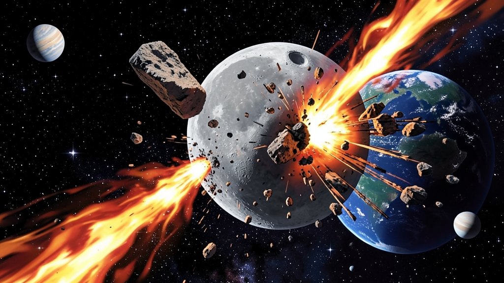 An illustration of a large asteroid colliding with the Moon, with debris and fireballs heading towards Earth, set against a dark space background with stars and planets visible.