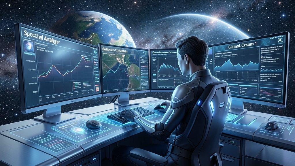 A futuristic illustration of a person using a computer to analyze data from a space telescope, with a background of stars and planets.