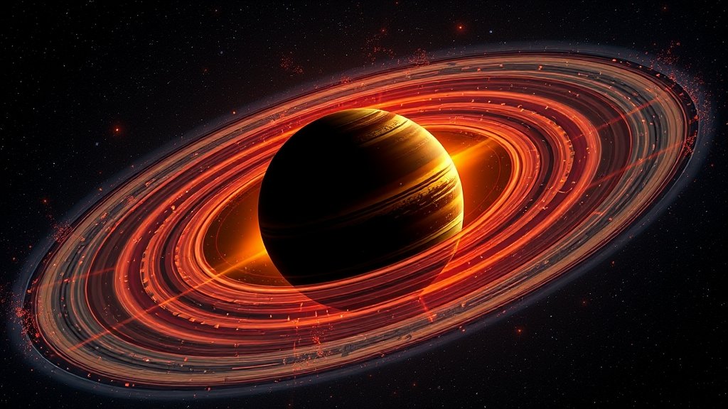 A high-resolution image of a young planetary system with complex ring structures and collisions, captured by the ALMA telescope, with vibrant colors and detailed textures.