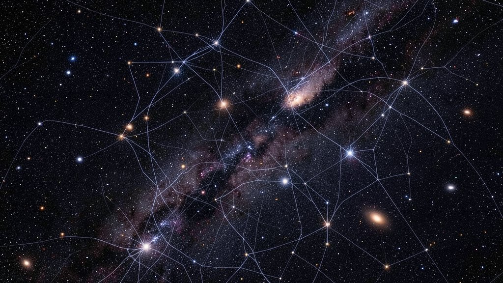 An ultra-high-resolution image of the cosmic web, with galaxies and dark matter formations visible, captured by the James Webb Space Telescope.