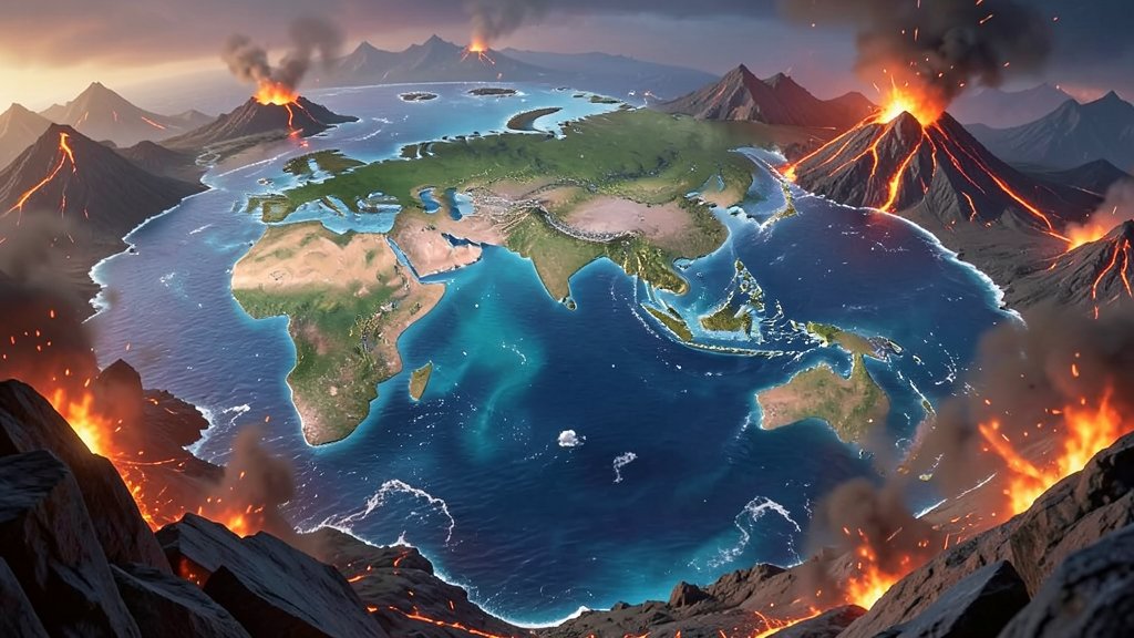 A 3D illustration of the ancient Tethys Ocean with the Indian and Eurasian tectonic plates colliding, surrounded by volcanic activity and mountain formation.