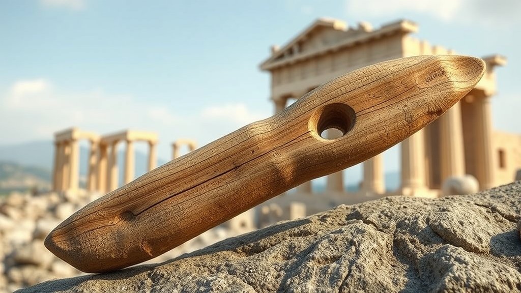 An image of a 430,000-year-old wooden tool discovered in Greece, with a backdrop of ancient Greek ruins and a subtle hint of the tool's significance in human evolution.