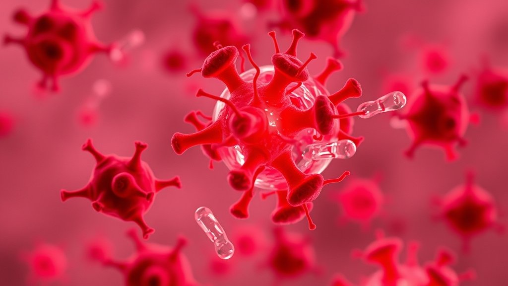A microscopic image of Acinetobacter baumannii bacteria with a red glow to represent the PmrB mutation, surrounded by broken or ineffective antibiotic molecules, with a subtle background texture resembling a hospital or laboratory setting.