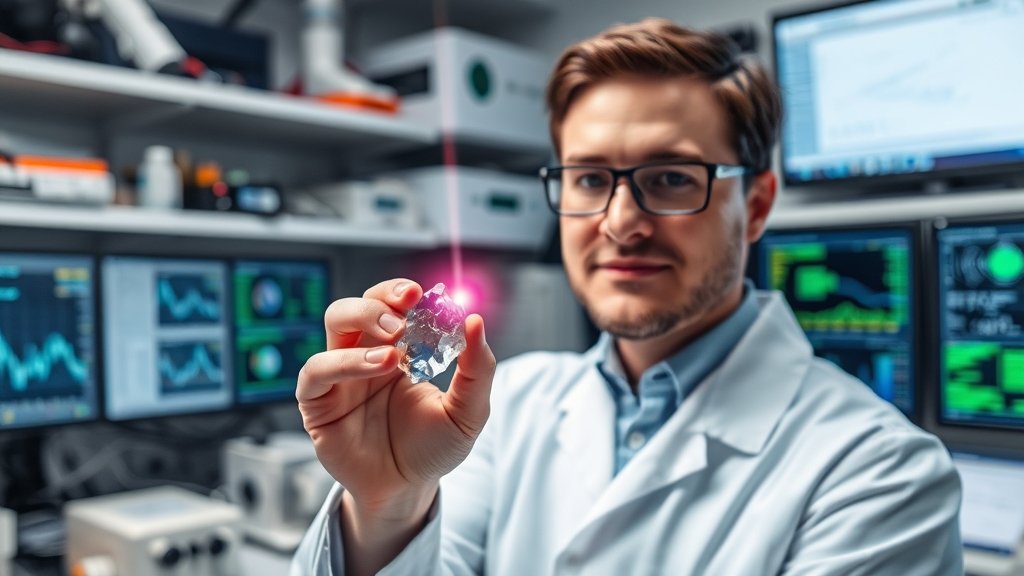 A scientist in a laboratory holding a small crystal, with a laser beam emitting from it, surrounded by various scientific equipment and screens displaying data and graphs.