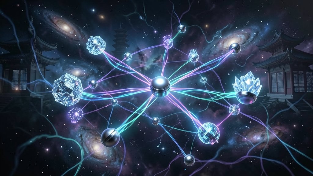 A futuristic illustration of a quantum network with nodes and connections, surrounded by a dark matter-filled universe, with a subtle hint of Chinese architectural elements in the background.