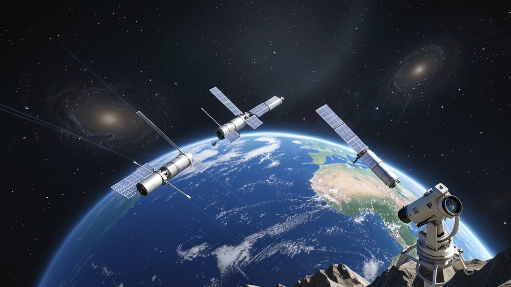 An illustration of Amazon's Leo satellites in orbit around the Earth, with a subtle background of stars and galaxies, highlighting the potential disruption to astronomical research.