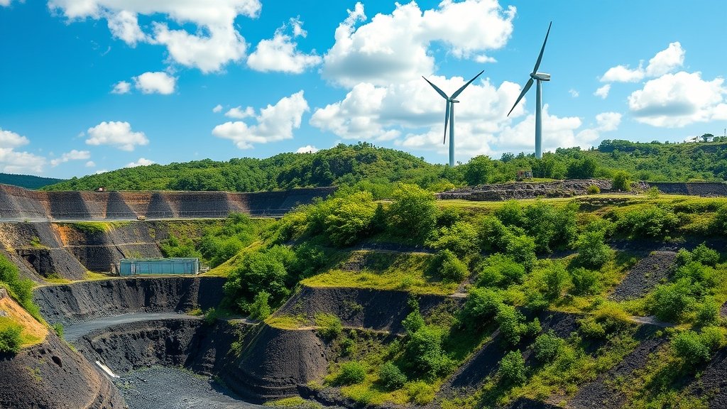 A photo of a reclaimed mine site with lush greenery and a windmill or solar panel in the background, symbolizing the integration of environmental sustainability and technological innovation in mining practices