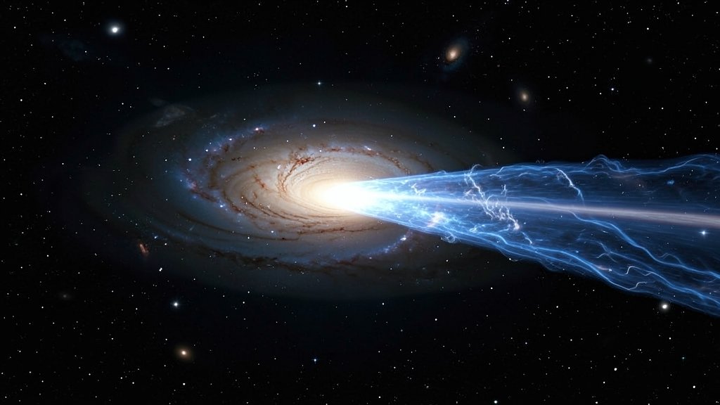 An illustration of the M87 galaxy with a bright jet of energy emanating from its center, representing the 3,000-light-year-long cosmic blowtorch.