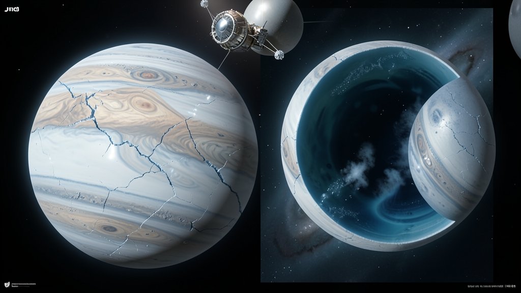 An illustration of the Jupiter moon Europa with a cutaway section showing its icy surface and subsurface ocean, with the NASA Juno spacecraft in the background.