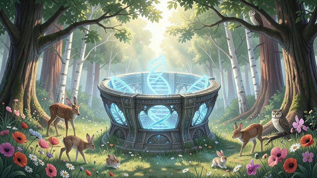 A detailed illustration of a genomic cradle in a natural setting, with trees, flowers, and animals surrounding it, symbolizing the connection between genetics and the environment.