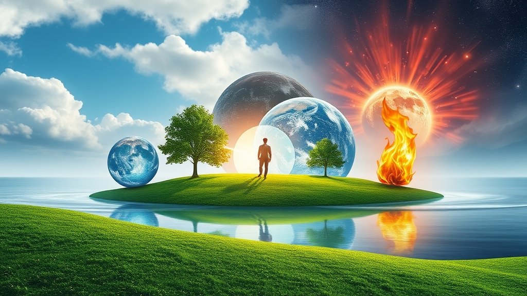 A serene landscape with five distinct elements representing the five elements of nature, including earth, water, air, fire, and space, blended harmoniously to convey a sense of balance and harmony.