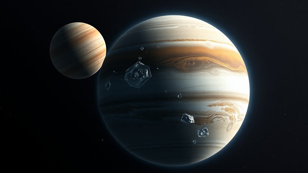 An illustration of Jupiter's moon Europa with a prominent display of ammonia ice on its surface, set against a dark space background with stars and the Jupiter planet in the distance.