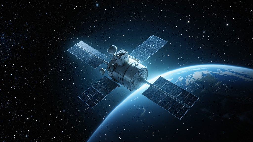 An illustration of a SpaceX satellite in orbit, with a subtle glow representing the Stargaze system, set against a starry night sky with the Earth in the background.