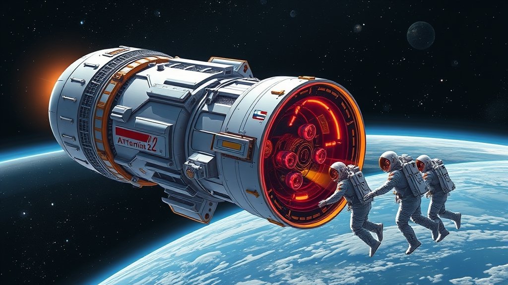 An illustration of the Artemis 2 spacecraft with astronauts in space suits, highlighting the risks and challenges of space travel