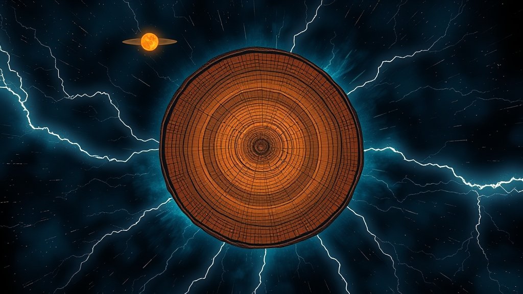 A detailed illustration of a tree ring with a solar storm in the background, showcasing the connection between the two