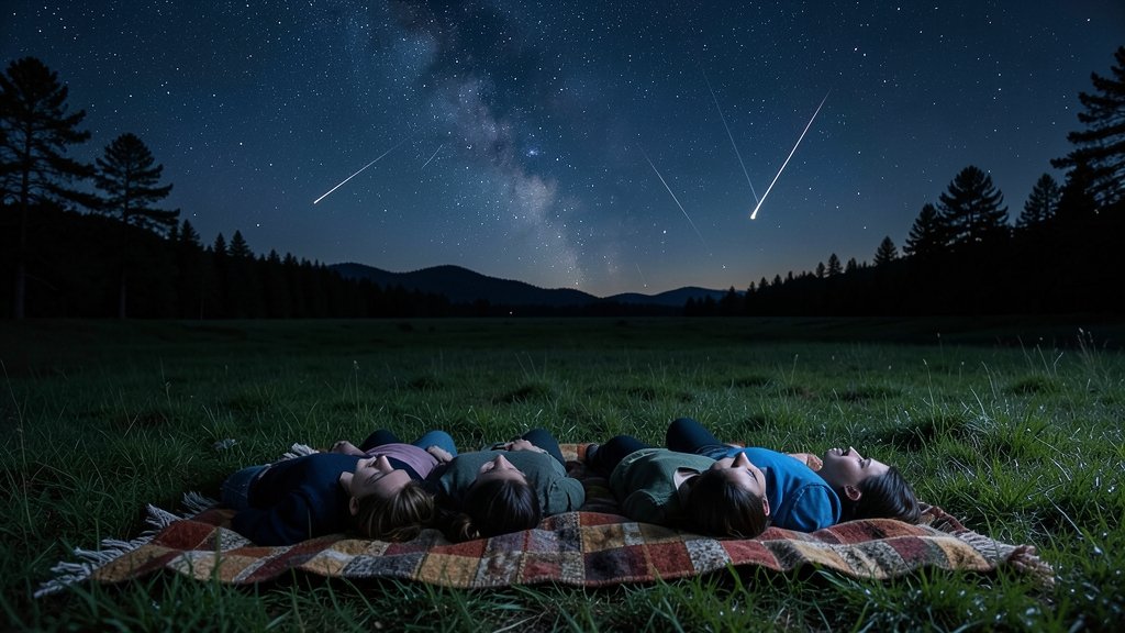 A serene landscape of a dark sky with a meteor shower, with people lying on a blanket, looking up at the stars in wonder