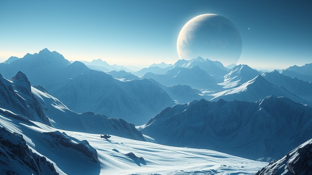 A realistic illustration of a cold Earth-like exoplanet with icy mountains and a distant sun, with a spaceship in the background exploring the planet.