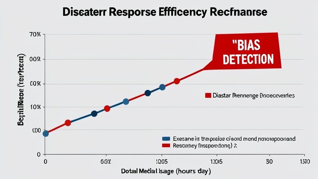 A graph showing the relationship between social media usage and disaster response, with a red flag indicating bias detection