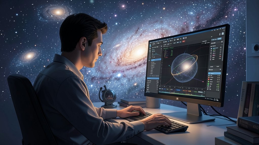 An illustration of a person using a computer to search for exoplanets with a galaxy background