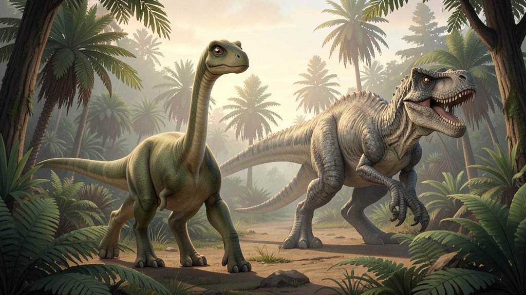 An illustration of a baby long-necked dinosaur being stalked by a predator in a Jurassic landscape