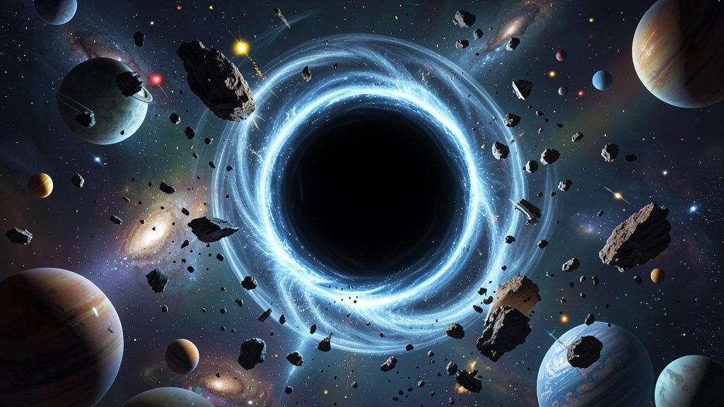 An artistic representation of a runaway black hole disrupting a planetary system, with stars and planets in the background.