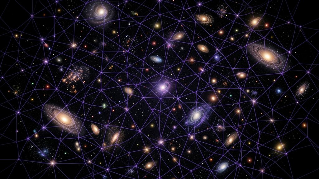 A high-resolution illustration of the universe with dark matter represented as a web-like structure, with galaxies and stars embedded within it, showcasing the intricate details of the cosmic map.