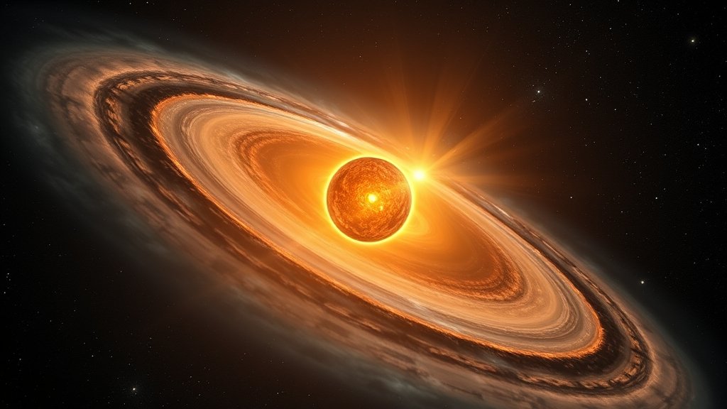 A deep space image with a binary star system and radio waves emanating from it, with a subtle background of stars and galaxies.