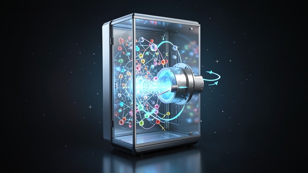 An illustration of a quantum refrigerator with a noise-reducing mechanism, showcasing the interaction between quantum particles and the cooling process.