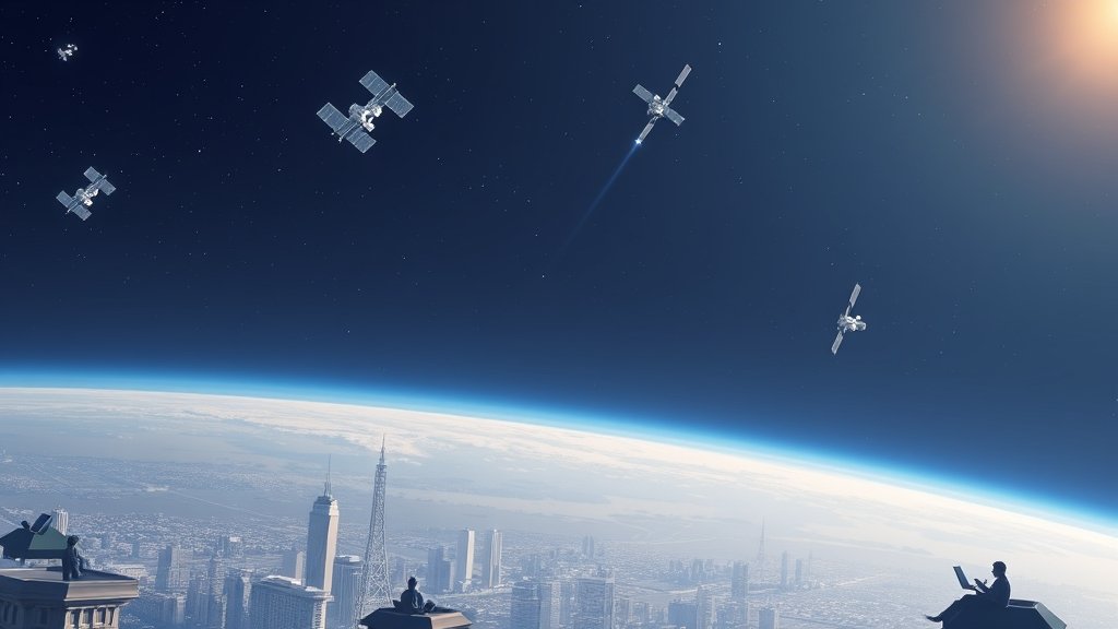 An illustration of the SpaceX Starlink satellite constellation in orbit around the Earth, with a cityscape below showing people using satellite internet on their devices.
