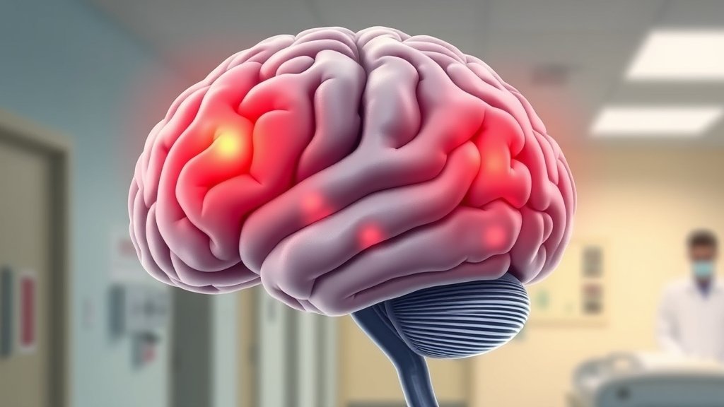 A detailed illustration of the human brain with highlighted areas indicating the brain marker signals when anesthesia takes hold, with a subtle background of a hospital or medical setting.