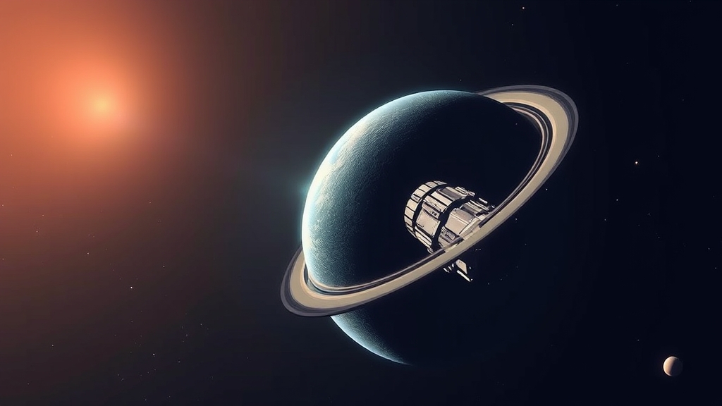 An illustration of a spacecraft exploring a dark ring around a distant planet, with a bright light shining in the background, symbolizing new discoveries in space.