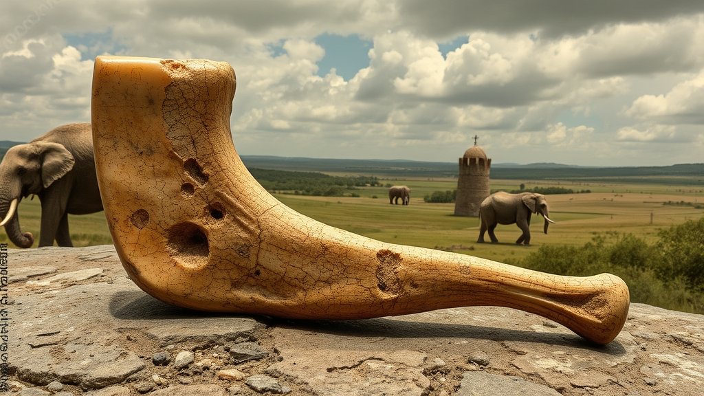 a detailed image of a 500,000-year-old ax sharpener made from an elephant bone, with a background of an ancient english landscape