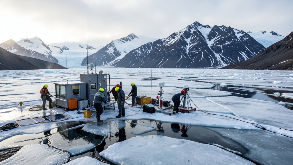 A team of scientists setting up a research outpost on a rapidly melting glacier, with a stunning mountain landscape in the background