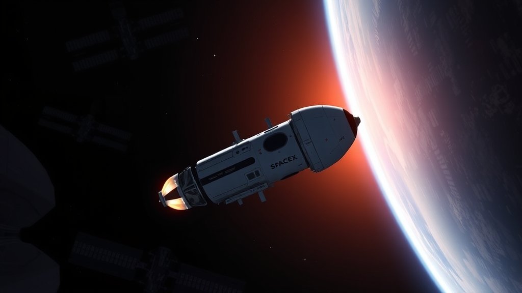 A detailed illustration of the SpaceX Crew Dragon spacecraft approaching the International Space Station, with the Earth in the background.