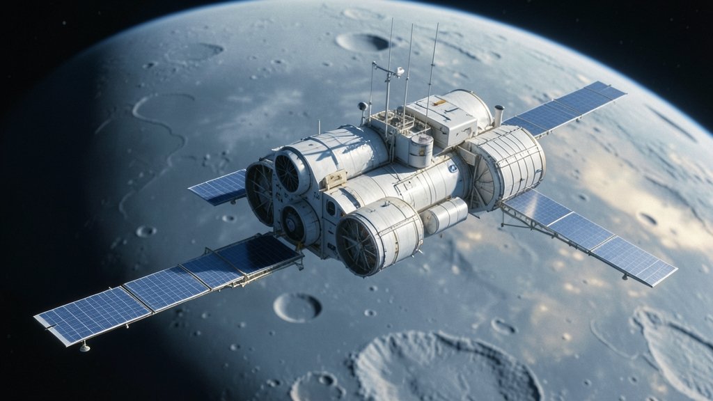 An illustration of the NASA Artemis spacecraft orbiting the Moon with astronauts on board, highlighting the historic moment of humans returning to the lunar vicinity.