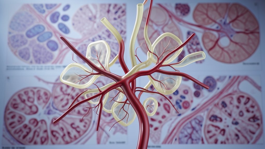A detailed illustration of a human kidney collecting duct system, highlighting the intricate network of tubules and blood vessels, with a background of microscopic images of kidney cells and tissues.
