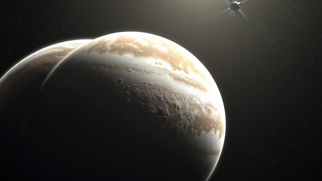 An artist's illustration of Jupiter's moon Europa with a surface containing ammonia-bearing compounds, with the Galileo spacecraft in the background.