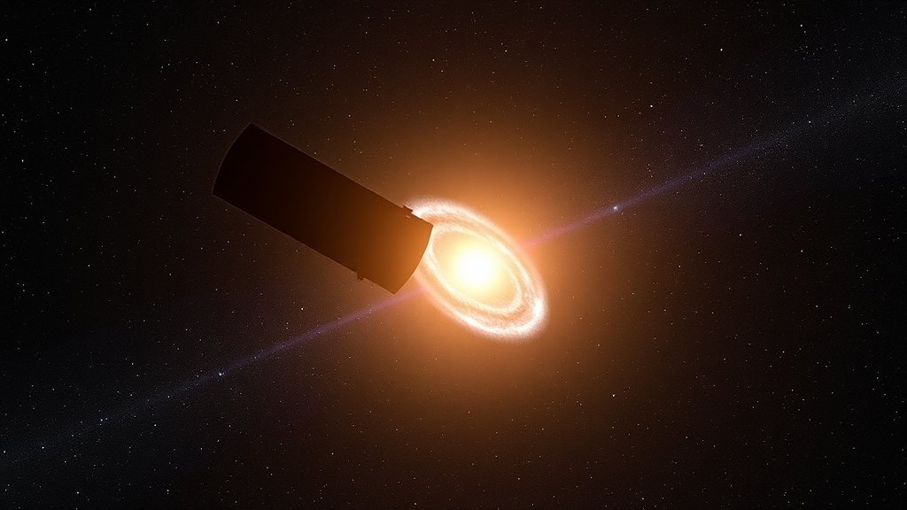 An illustration of the James Webb Space Telescope in space, with a bright galaxy in the background, and the cosmic microwave background radiation visible as a faint glow.