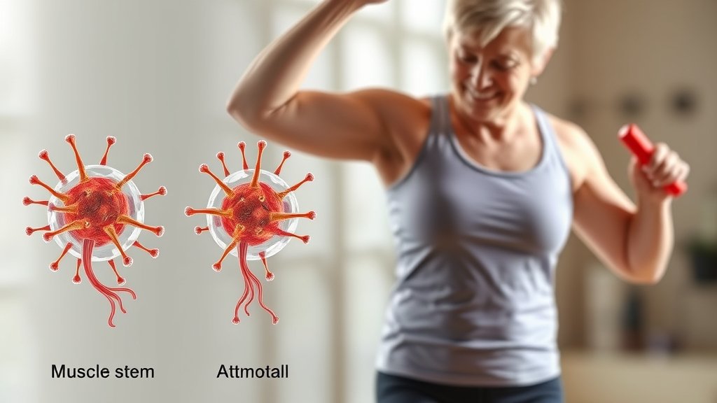 An illustration of muscle stem cells in different stages of aging, with a background of a person engaging in physical activity to represent the importance of muscle health