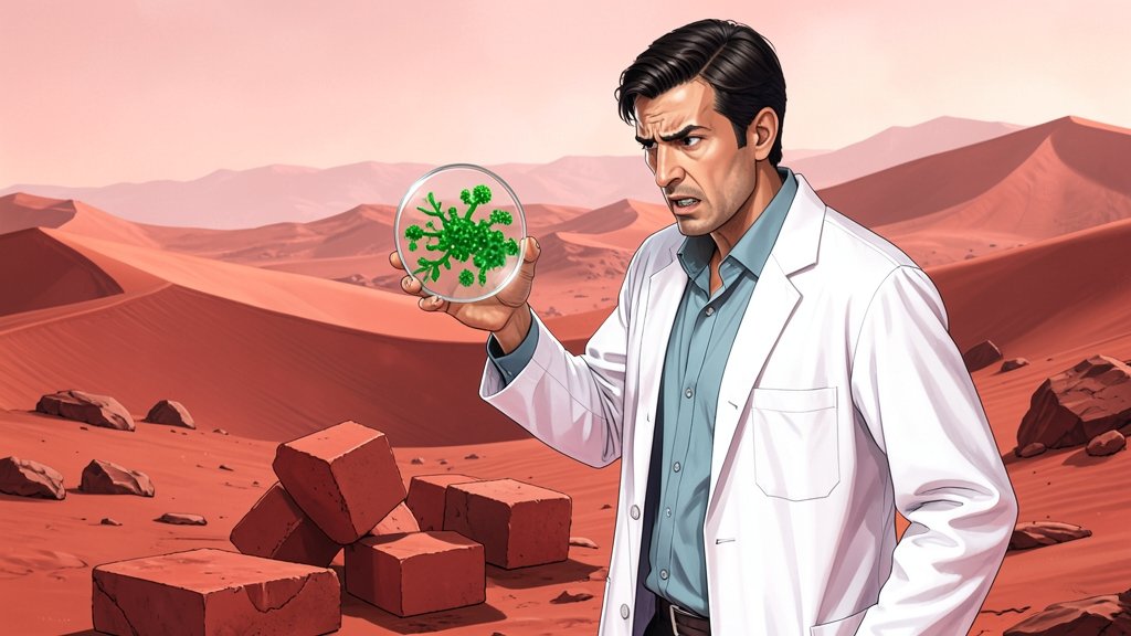 An illustration of a scientist in a lab coat holding a petri dish with bacteria, with a Martian landscape in the background, and a few bricks or building blocks nearby.