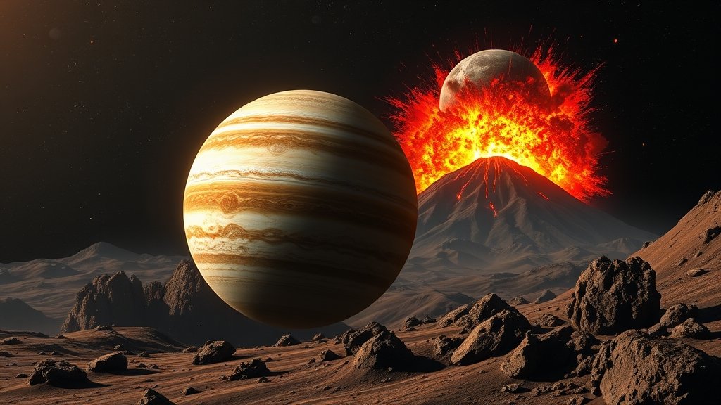 A detailed illustration of Jupiter's moon Io with a massive volcanic eruption in the background, showcasing the moon's surface and the eruption's scale.