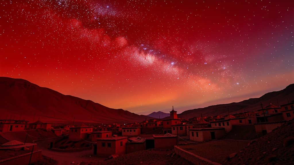 A breathtaking image of the blood-red sky over Ladakh's Hanle village, with the Milky Way visible and a few stars twinkling, during a rare solar radiation storm.