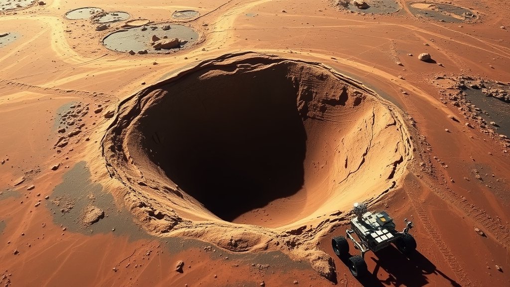 A high-resolution image of the Martian surface with a large crater, similar in size to Vatican City, with a spacecraft or rover in the foreground for scale.