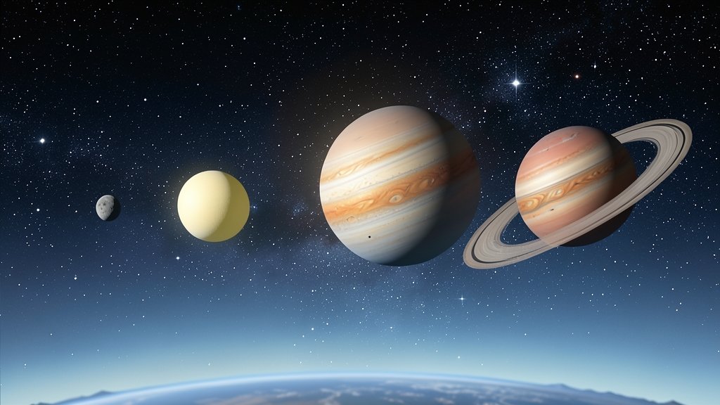 a detailed illustration of the six planets aligning in the night sky, with the moon and stars in the background, and a subtle hint of the earth's horizon