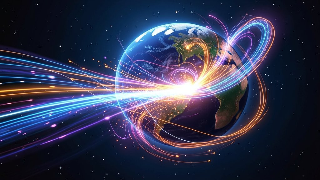 An artistic representation of the solar wind interacting with the Earth's magnetic field, with vibrant colors and dynamic visuals