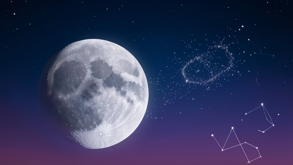 A high-resolution image of the full Snow Moon rising in the night sky, with the Beehive Cluster visible as a faint, sparkling patch near the moon, set against a backdrop of dark blue and purple hues, with a few stars and constellations visible in the distance.